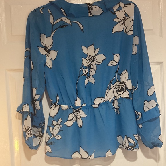 Calvin Klein Floral Print Chiffon Ruffle Trim V-Neck Long Sheer Sleeve Top, - Picture 7 of 11
